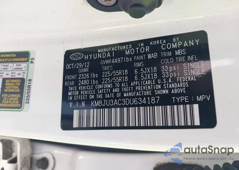 2013 Hyundai Tucson Limited z USA, uszkodzony, nr VIN KM8JU3AC3DU634187